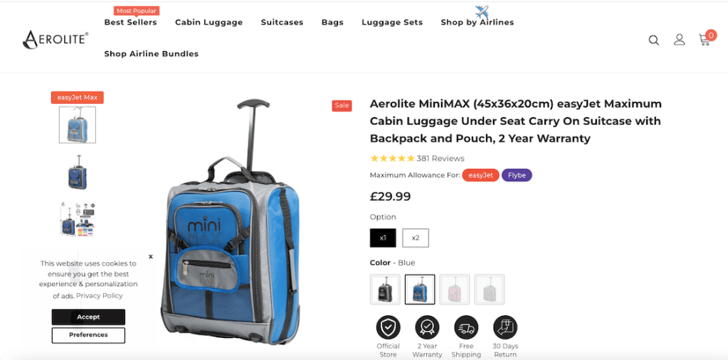 Screengrab of the new size bag introduced by Easyjet to "fit under the seat" 