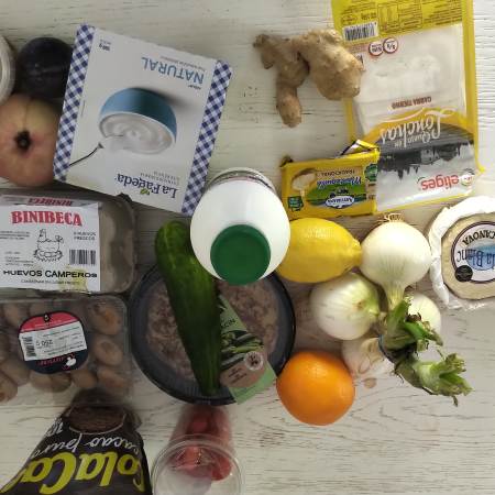 Eggs, yogurt, cheese, butter, cucumber, hummus, lemon,, orange, nuts, fruit, onions and more